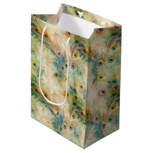 Sac Cadeau Moyen Plumes Aqua Green Gold Peacock