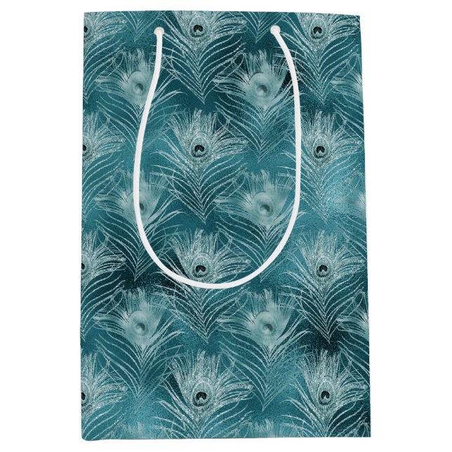 Sac Cadeau Moyen Plumes de paon turquoises (Devant)
