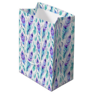 Sac Cadeau Moyen Plumes de paon violet turquoise