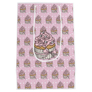 Sac Cadeau Moyen Pointe Polka de gâteaux roses et argentés