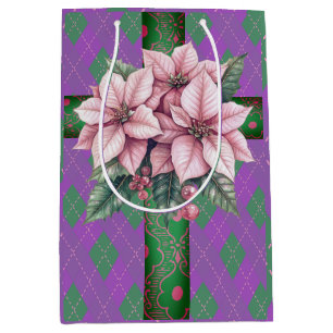 Sac Cadeau Moyen Pointsettias rose sucrée Purple Plaid Noël