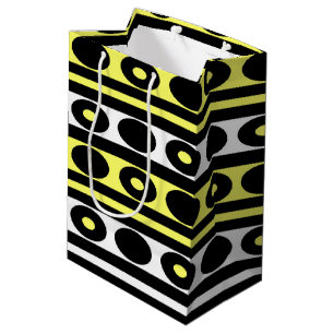 Sac Cadeau Moyen Pois et rayures noirs, jaunes et blancs