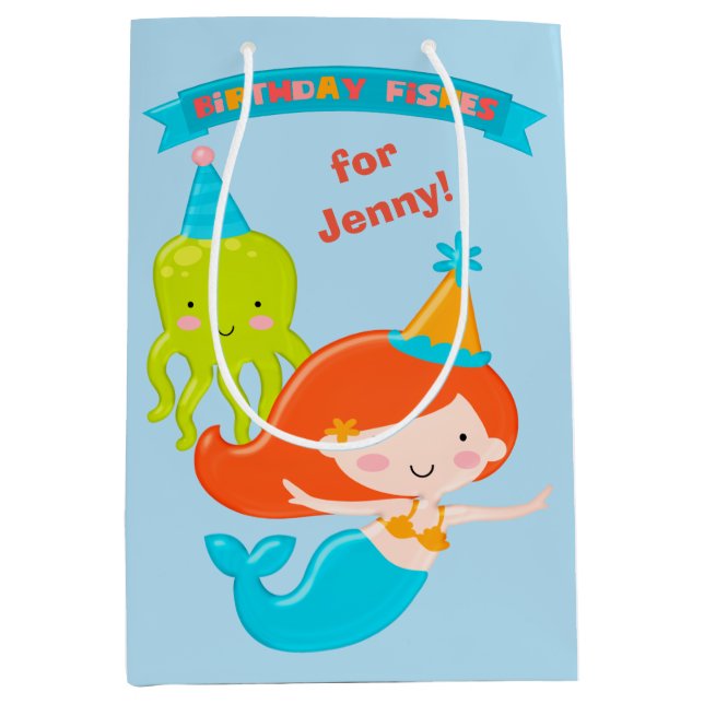 Sac Cadeau Moyen Poissons d'anniversaire de sirène personnalisés (Devant)