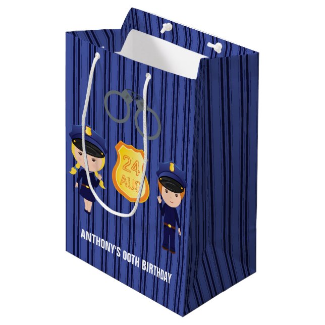 Sac Cadeau Moyen Police thème Anniversaire Fête Merci invité (Devant Angle)