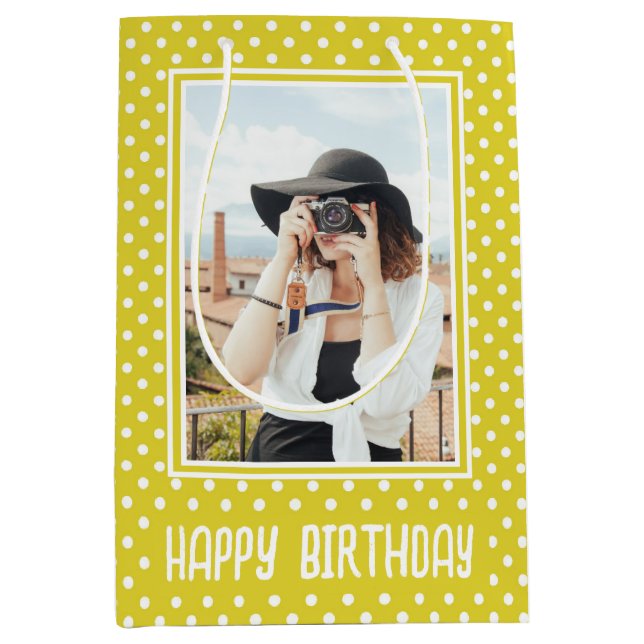 Sac Cadeau Moyen Polka Jaune Lumineuse Point Photo Personnalisée An (Devant)