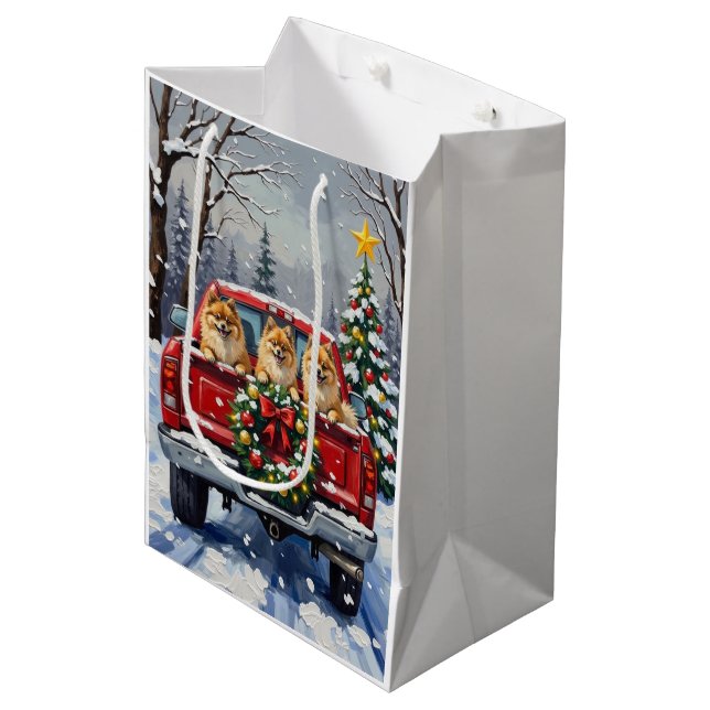 Sac Cadeau Moyen Pomeranian Christmas Red Truck Holiday Gift (Devant Angle)