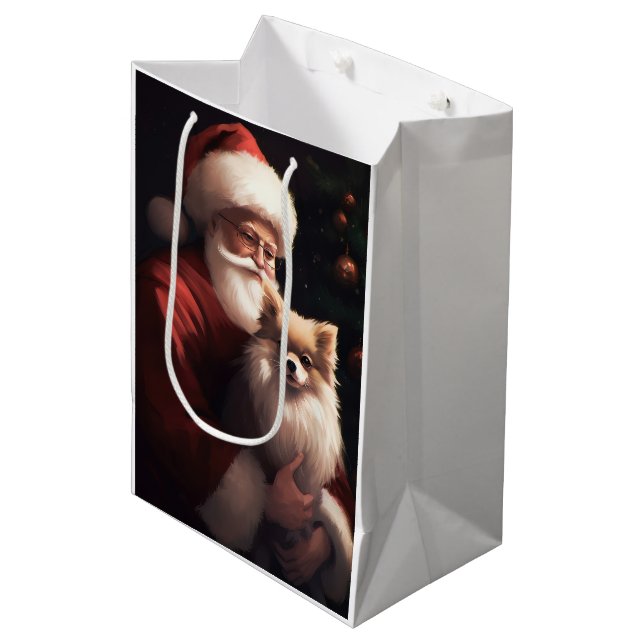 Sac Cadeau Moyen Poméranien avec Noël Festif du Père Noël (Devant Angle)