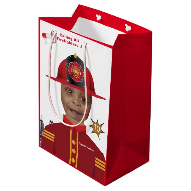Sac Cadeau Moyen Pompiers garçons visage dans trou photo Anniversai (Dos Angle)