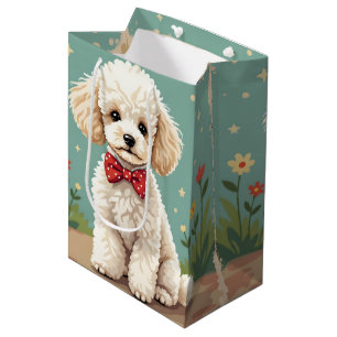 Sac Cadeau Moyen Poodle blanc adorable avec noeud papillon