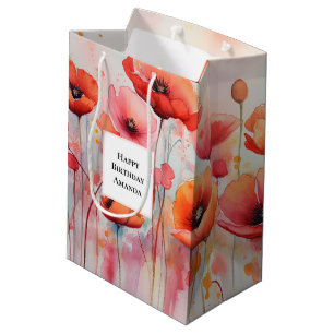 Sac Cadeau Moyen Poppies d'aquarelle rouge dans un champ Anniversai