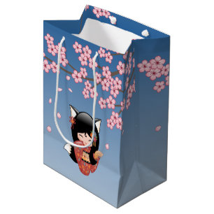 Sac Cadeau Moyen Poupée Kokeshi Kitsune - Fille Geisha Renard Noir
