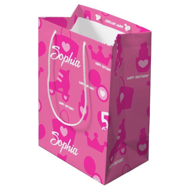 Sac Cadeau Moyen Poupée rose fête d'anniversaire, âge personnalisé, (Dos Angle)