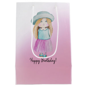 Sac Cadeau Moyen Poupée rose mignonne Joyeuse aquarelle d'anniversa