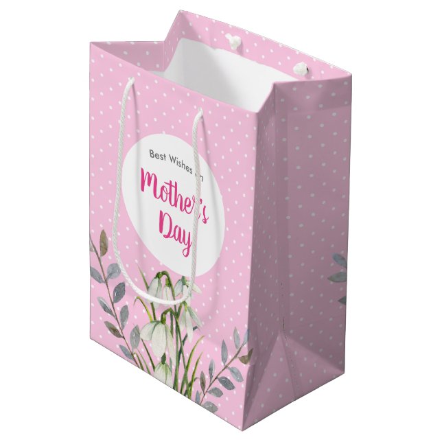 Sac Cadeau Moyen Pour la Fête des mères Blancs neige Pois roses (Devant Angle)