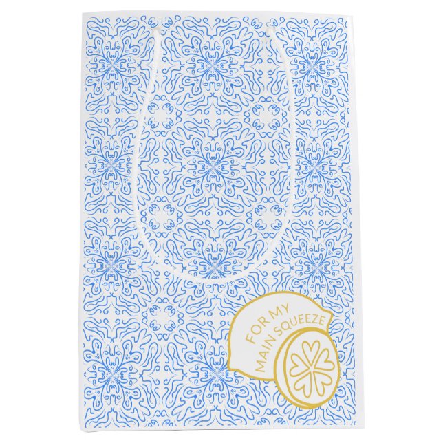 Sac Cadeau Moyen "Pour ma Squeeze principale" Citron & Carreaux Ble (Devant)