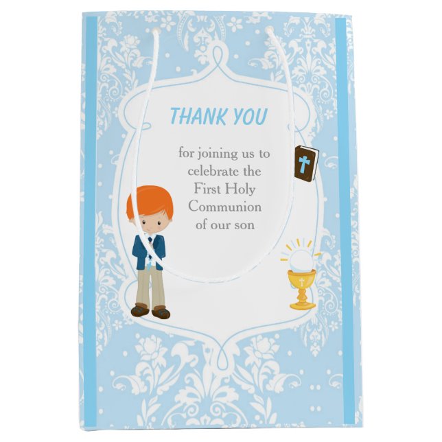Sac Cadeau Moyen Première communion Red Hair Boy Merci (Devant)