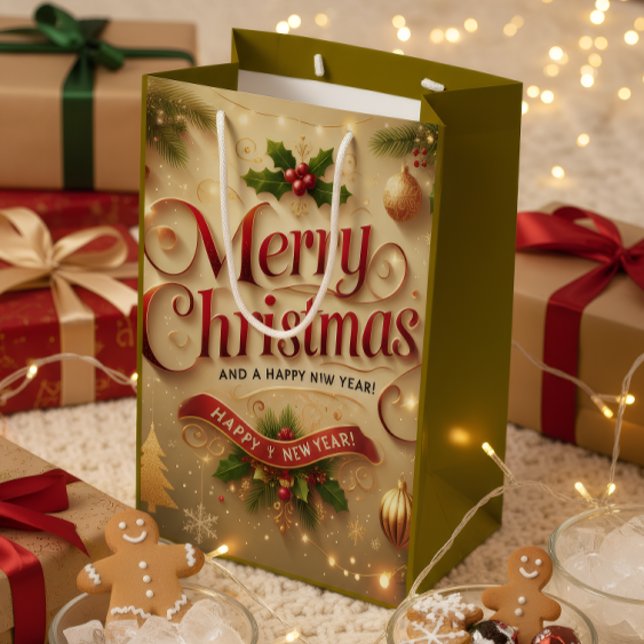 Sac Cadeau Moyen Premium Merry Christmas & Happy New Year Gift Bag (Créateur téléchargé)