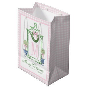 Sac Cadeau Moyen Preppy Chinoiserie Pagode de Noël Monogramme