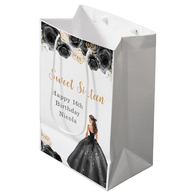 Sac Cadeau Moyen Princesse en Robe Noire Sweet sixteen Anniversaire (Devant Angle)