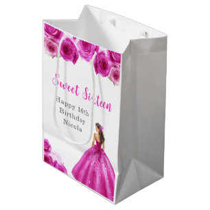 Sac Cadeau Moyen Princesse en Robe Rose Sweet sixteen Anniversaire