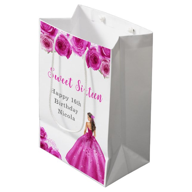 Sac Cadeau Moyen Princesse en Robe Rose Sweet sixteen Anniversaire (Devant Angle)