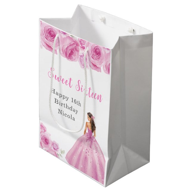 Sac Cadeau Moyen Princesse en Sweet sixteen rosé Anniversaire (Devant Angle)