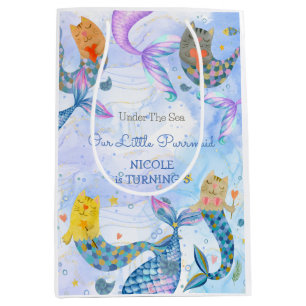 Sac Cadeau Moyen Purmaid chat sirène aquarelle fille anniversaire