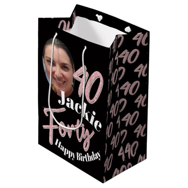 Sac Cadeau Moyen Quarante 40e anniversaire script photo rose rose (Devant Angle)