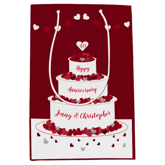 Sac Cadeau Moyen Quarantième gâteau rouge personnalisé (Devant)