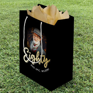 Sac Cadeau Moyen Quatre-vingts or écriture et photo personnalisée 8