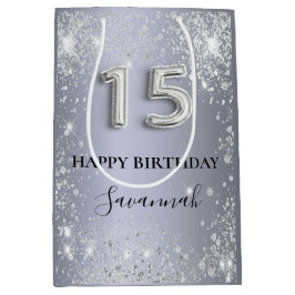 Sac Cadeau Moyen Quinceanera argent parties scintillant monogramme 