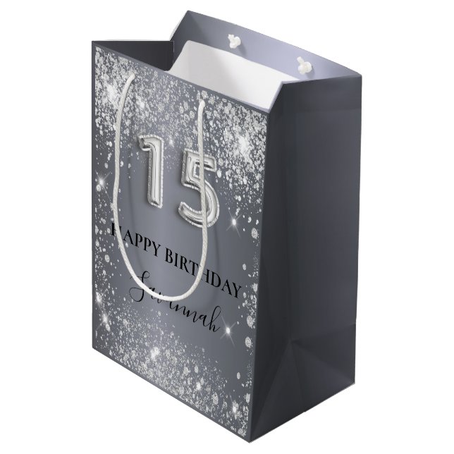 Sac Cadeau Moyen Quinceanera argent parties scintillant monogramme  (Dos Angle)