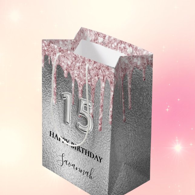 Sac Cadeau Moyen Quinceanera parties scintillant argent gouttes ros (Créateur téléchargé)
