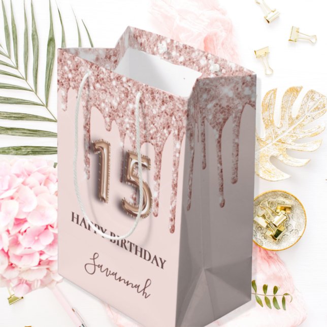 Sac Cadeau Moyen Quinceanera parties scintillant rose vif gouttes d (Créateur téléchargé)