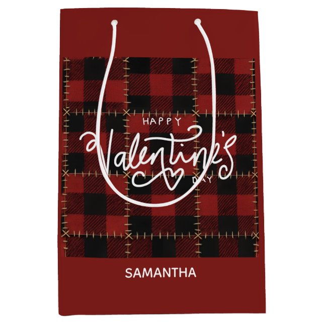 Sac Cadeau Moyen Red Buffalo Plaid Valentines Day Custom Name  (Devant)