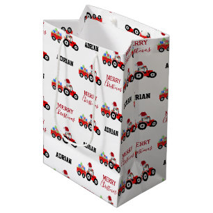 Sac Cadeau Moyen Red Christmas Truck Farm Nom personnalisé