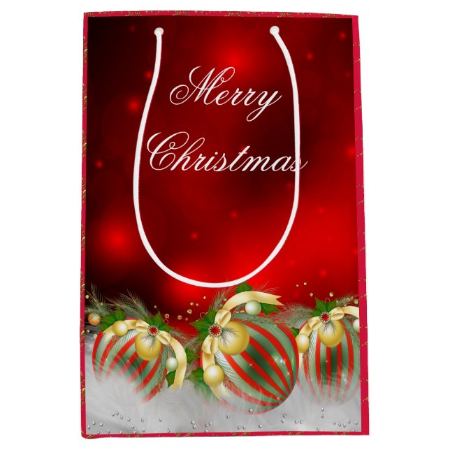 Sac Cadeau Moyen Red & Gold Holly Baubles Joyeux Noël 2 (Devant)