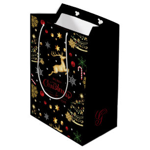 Sac Cadeau Moyen Red Gold Reindeer Joyeux sapin de Noël
