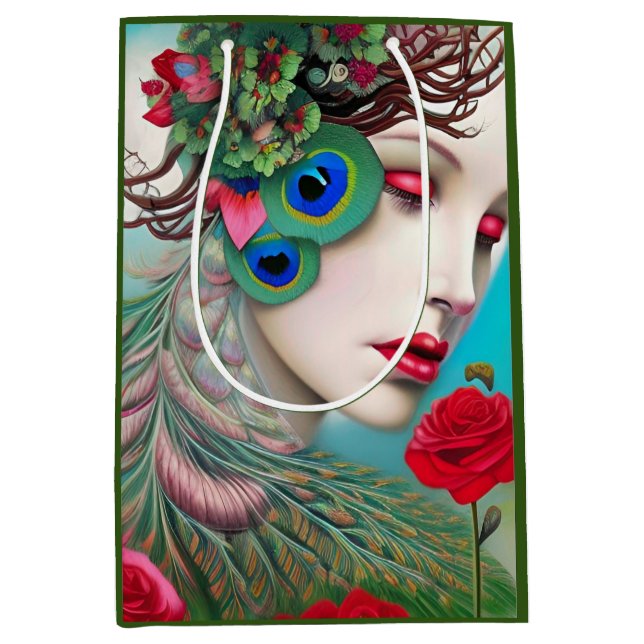 Sac Cadeau Moyen Red Lips et Rose Peacock Abstrait (Devant)