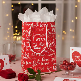 Sac Cadeau Moyen Red & White Typography "Love" Pattern Valentine's 