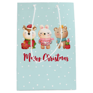 Sac Cadeau Moyen Rennes, ours et lapin Joyeux Noël