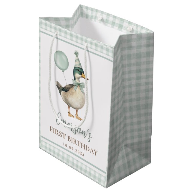 Sac Cadeau Moyen Retro Sage Green One Lucky Duck 1er anniversaire (Dos Angle)