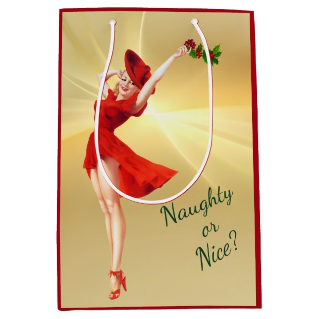 Sac Cadeau Moyen Robe rouge et Holly Retro Pinup Fille Noël (Devant)