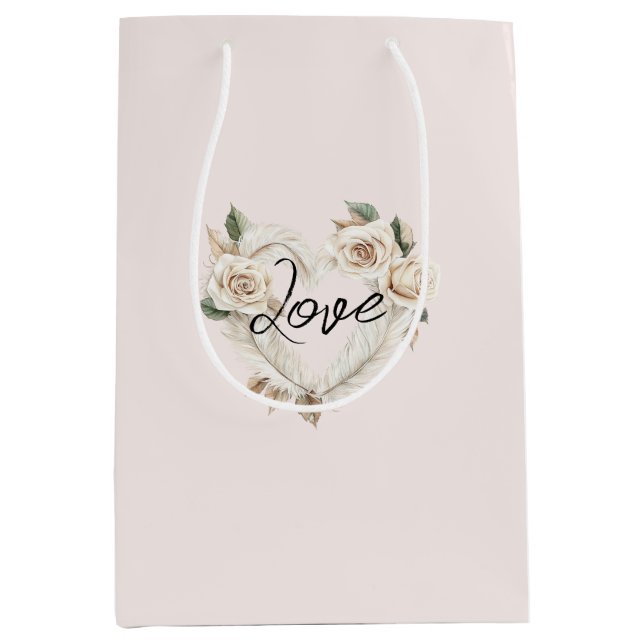 Sac Cadeau Moyen Romantic Blush Roses Feathers Heart Wedding (Devant)
