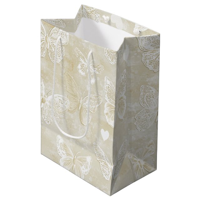 Sac Cadeau Moyen Romantic Cream Ivory Butterflies Hearts Wedding  (Devant Angle)