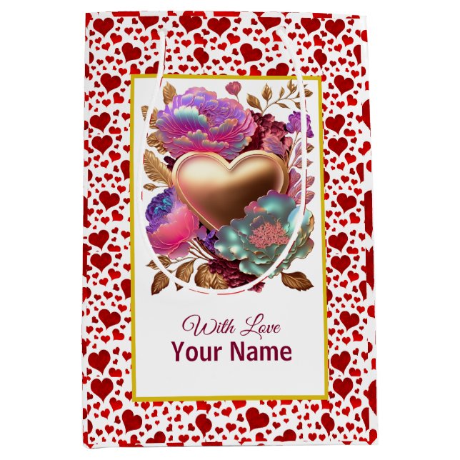 Sac Cadeau Moyen Romantique Floral et Coeur d'or (Devant)