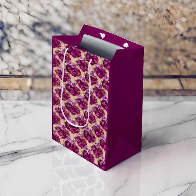 Sac Cadeau Moyen Romantique Roses magenta avec l'écriture d'or sur  (Créateur téléchargé)