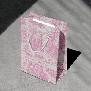 Sac Cadeau Moyen Romantique Vintage Bébé Rose Toile de Jouy Moyen