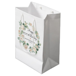 Sac Cadeau Moyen Rose blanche Fleur Eucalyptus couronne 100e annive