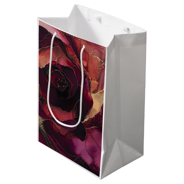 Sac Cadeau Moyen Rose Bourgogne Fleur Or (Devant Angle)